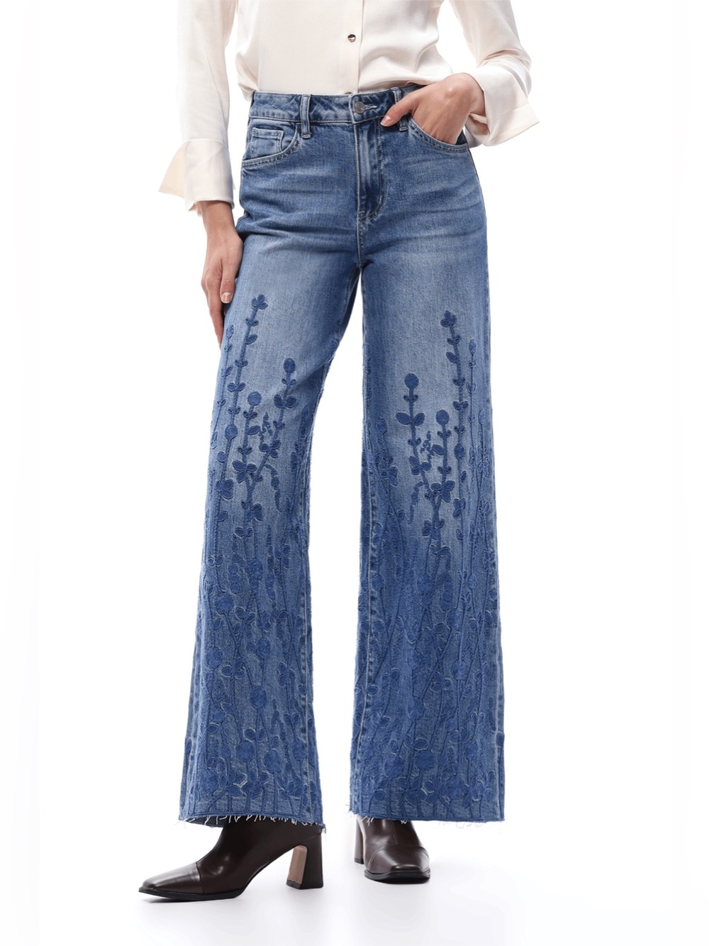 Bayeas High Rise Embroidered Wide Leg Jeans Sz 25 NWT